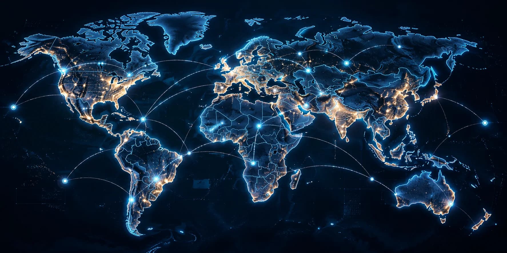 Illustrated world map with glowing connection lines between global markets